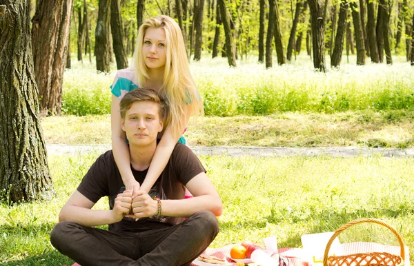 Retrato de um jovem casal atraente em piquenique — Fotografia de Stock