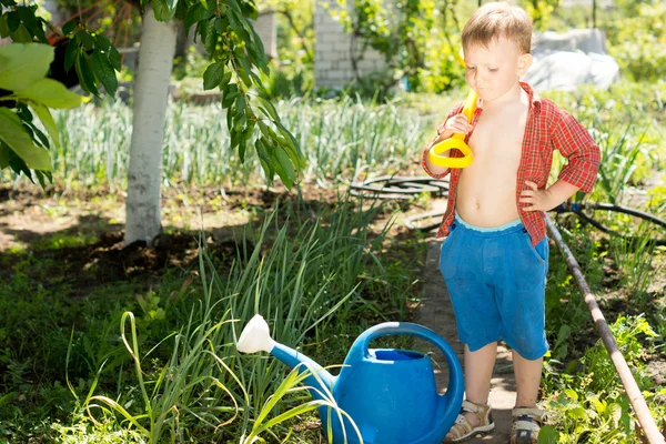 Kleine jongen te helpen met het tuinieren — Stockfoto