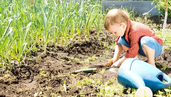 Malý chlapec pracoval v zahradě — Stock fotografie