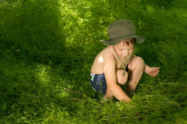 Маленький мальчик играет и открывает для себя природу — стоковое фото