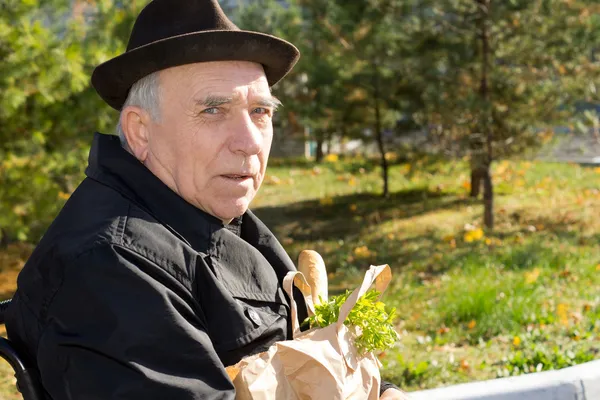 Herr im Rollstuhl mit seinen Einkäufen — Stockfoto