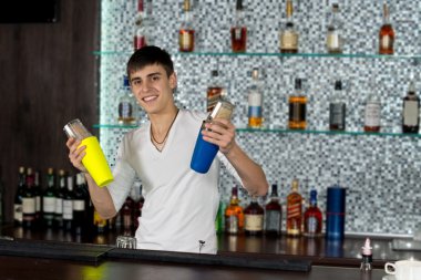 mutlu genç Barmen karıştırma kokteyller