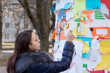 Woman tearing off a contact number on a notice clipart