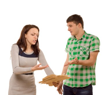 Young couple arguing over paperwork clipart
