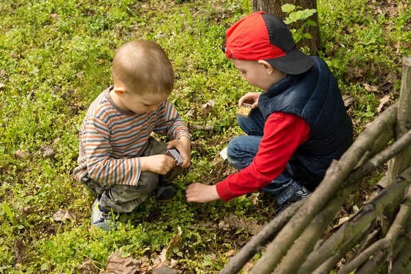 Two young boys lighting a small fire — Stock Photo, Image