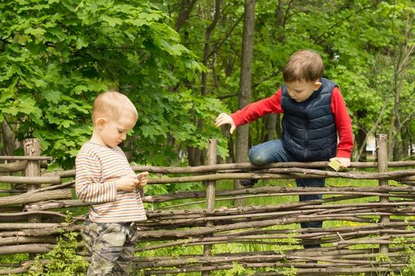 Jonge jongen klimmen over een rustieke houten hek — Stockfoto