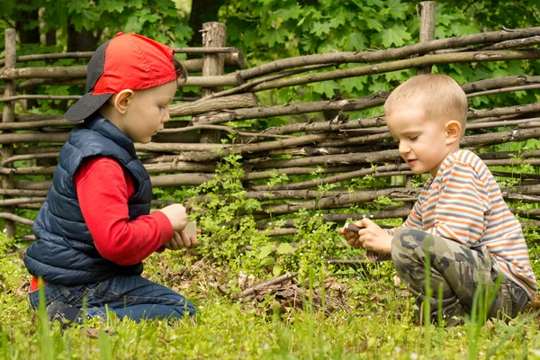 Two small boys having fun building a fire — Stock Image Two small boys having fun building a fire Stock Photo
