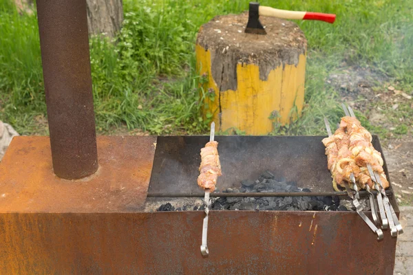 Kebab di pollo pronti per essere posizionati sul barbecue caldo — Foto Stock