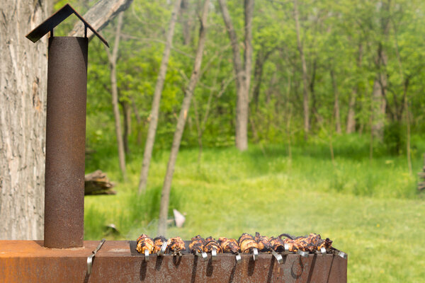 Meat kebabs cooking over a hot BBQ fire