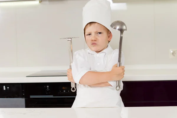 Young boy chef protecting his secret recipe — Stock Photo, Image