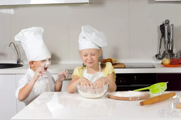 Cute Kid Chefs Baking While Playing — Stock Photo, Image