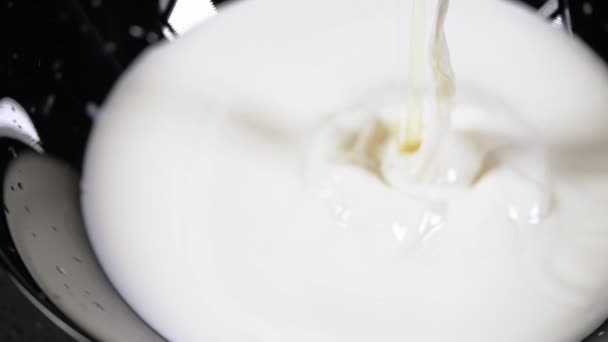 Freeze motion image of fresh milk in a food mixer of blender — Video Stock