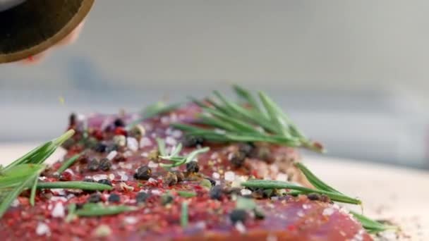 Obearbetat kött toppat med blandade kryddor och färsk rosmarin — Stockvideo