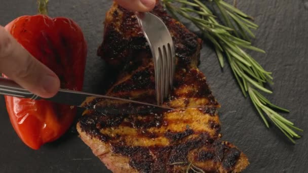 Pessoa que corta uma porção de carne temperada recentemente grelhada — Vídeo de Stock