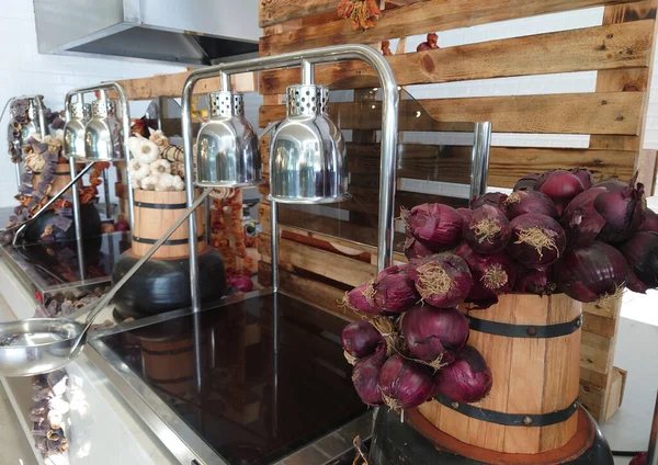 Interior Restaurante Luxo Com Balcões Buffet Com Bandejas Aquecidas Para — Fotografia de Stock