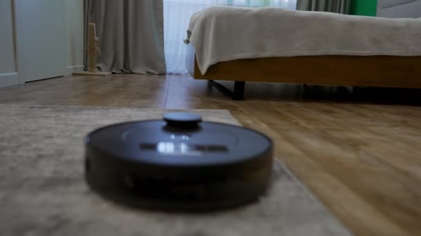 Low Angle View Modern Vacuum Cleaner Wooden Floor Indoors Copyspace — Stock Video