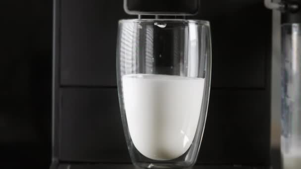 Glass of frothed fresh milk on a coffee machine — Stockvideo