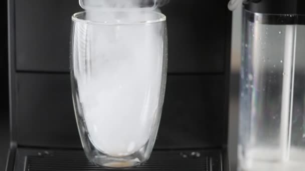 Coffee machine dispensing frothed milk into a glass — Stockvideo