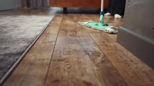Mop cleaning laminate wooden floor in home — Vídeos de Stock