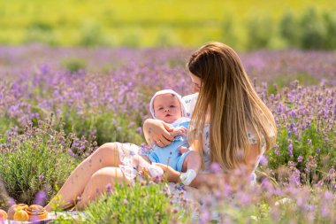 Young baby boy sleeping in its mothers arms as they relax outdoors in a field of lavender