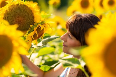 Attractive woman admiring a vibrant yellow sunflower in a field with a smile of appreciation in a close up head shot in warm light
