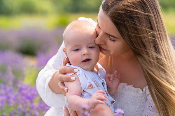 Smiling Mother Kissing Her Adorable Baby Boy Outdoors Amongst Lavender — Fotografia de Stock