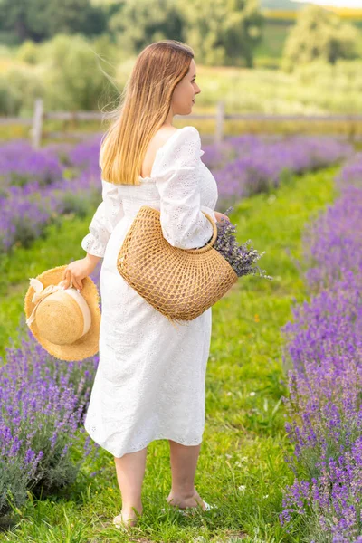 Stylish Young Woman Walking Lavender Field Her Straw Sunhat Handbag — Stockfoto