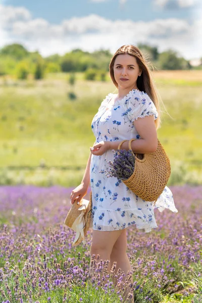 Young Woman Floral Dress Straw Handbag Posing Amongst Purple Lavender — Stockfoto