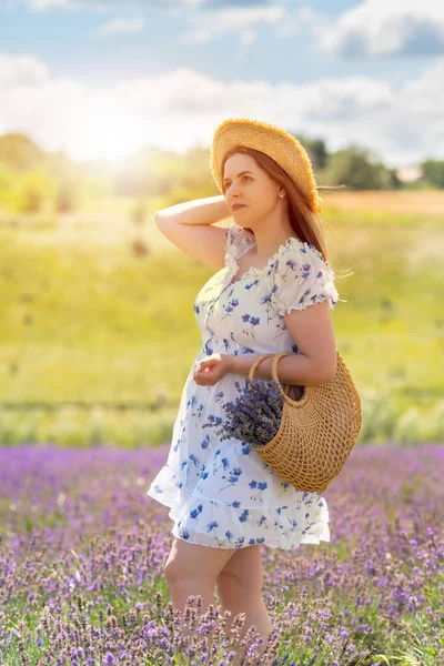 Dreamy Portrait Beautiful Woman Field Lavender Posing Warm Light Summer — Stok fotoğraf