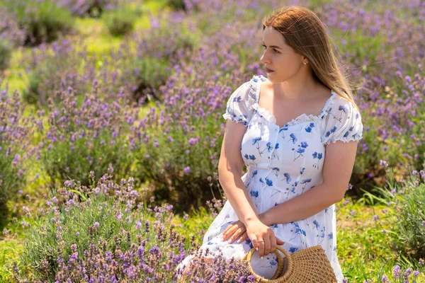 Pensive Young Woman Kneeling Field Lavender Looking Side Contemplative Expression — Stok fotoğraf