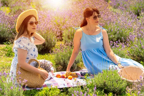 Two Trendy Women Friends Having Summer Picnic Outdoorsin Field Lavender — Stok fotoğraf