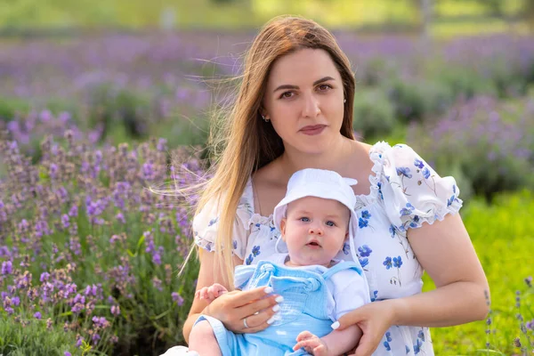 Portrait Little Baby Boy His Loving Motherposing Field Lavender Summer — 스톡 사진