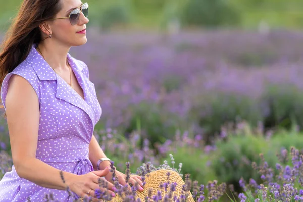 Soft Focus Dreamy Portrait Beautiful Woman Purple Summer Dress Field — Photo