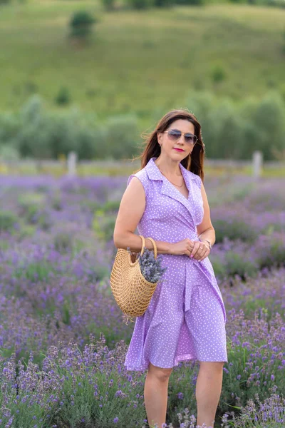 Stylish Brunette Woman Posing Field Purple Lavender Matching Dress Looking — Stock Photo, Image