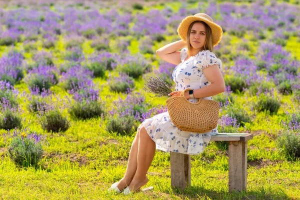 Young Woman Modelling Summer Fashion Lavender Field Seated Bench Floral — Stock Photo, Image