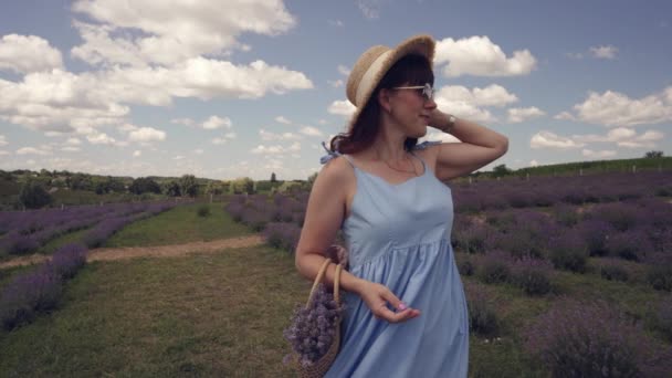 Chic Kvinna Promenader Genom Lavendel Fält Vid Solnedgången Halm Solhatt — Stockvideo
