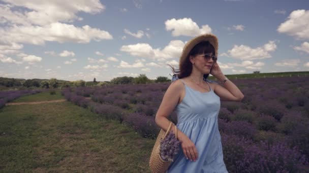 Mulher Usando Chapéu Sol Palha Óculos Sol Andando Brilhantemente Pelos — Vídeo de Stock