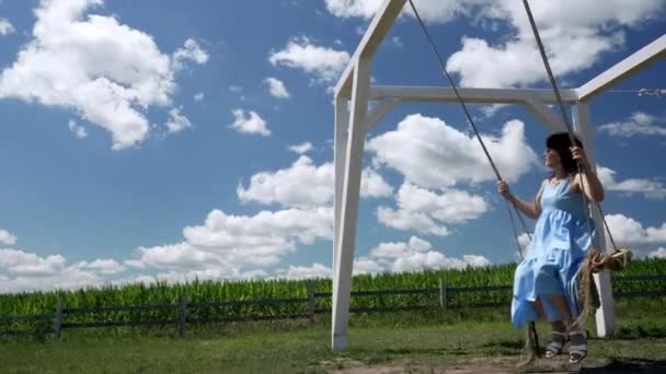 Woman Enjoying Some Quiet Time Sitting Swing Amongst Farm Fields — Stockvideo