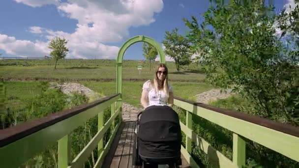 Young Mother Taking Her Baby Walk Countryside Pushing Pram Narrow — Video Stock