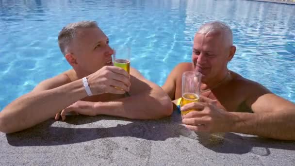 Deux Hommes Dégustant Une Bière Fraîche Dans Une Piscine Villégiature — Video