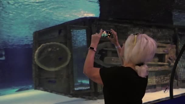 Woman Photographing Sunken Building Underwater Display Her Mobile Phoen She — Stock Video