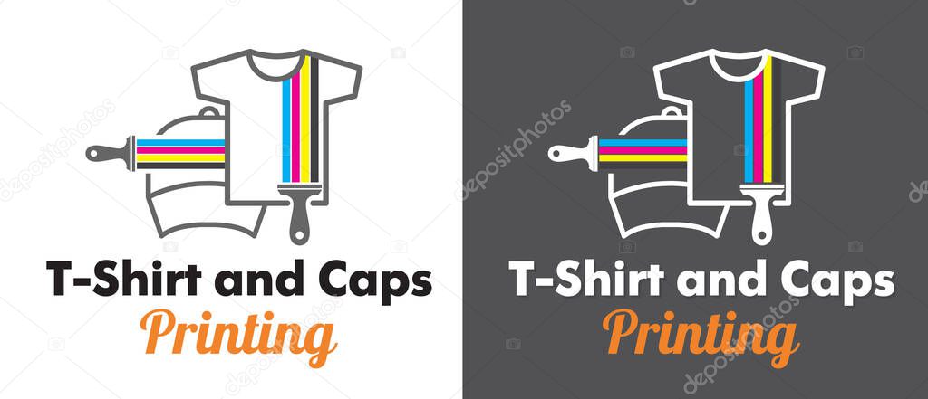 Abstract creative modern colored vector logo template of t-shirt and cap printing. For typography, print, corporate identity, workshop, branding, factory, serigraphy, isolated on white  background.