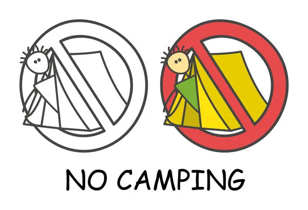 Grappige Vectorstok Man Zittend Een Tent Kinderstijl Geen Campingbord Rood — Stockvector