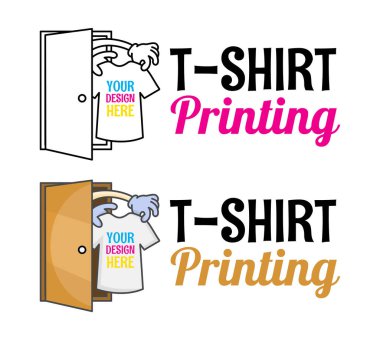Tişört baskısının komik vektör logosu şablonu. Tipografi, baskı, kurumsal kimlik, atölye, markalaşma, fabrika, serigrafi için, beyaz arka planda izole edilmiş.