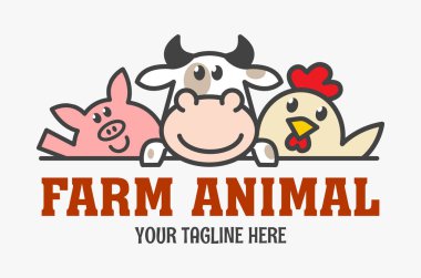 Çiftlik hayvanı komik logosu. Bileşik beslenme işareti. Tavuk, inek ve domuz ikonu. Et dağıtım logosu.