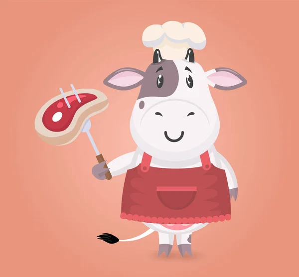 Mascotte Drôle Boucherie Dessin Animé Joyeux Chef Vache Tenant Une — Image vectorielle