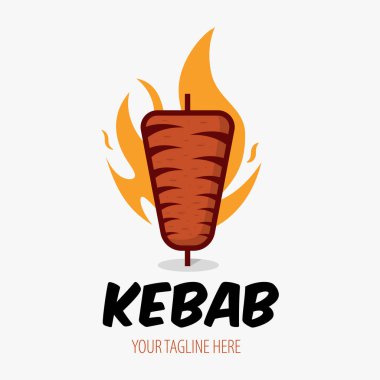Alev elementli yaratıcı Doner kebap logosu. Shawarma amblemi. Türk fast food restoranı, barbekü kafe veya ızgara et veya şiş veya döner tükürük sembolü.