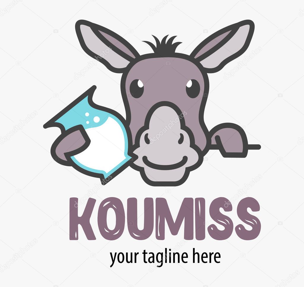 Funy koumiss logo. Cute funny smiling cartoon donkey with milk. Traditional Kazakh drink sign.