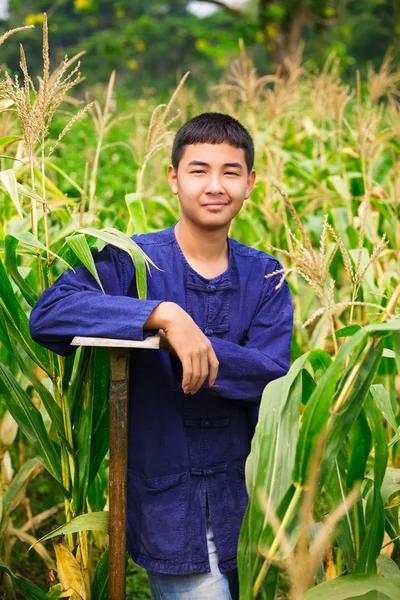 Adolescente menino em tailandês agricultor dresss no campo de milho — Fotografia de Stock