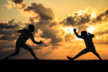 Silhouette fencers with sunset clipart